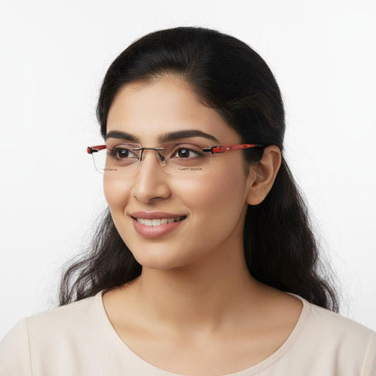 iDom Eyeglasses Rimless Rectangle Specs For Women 1004Red